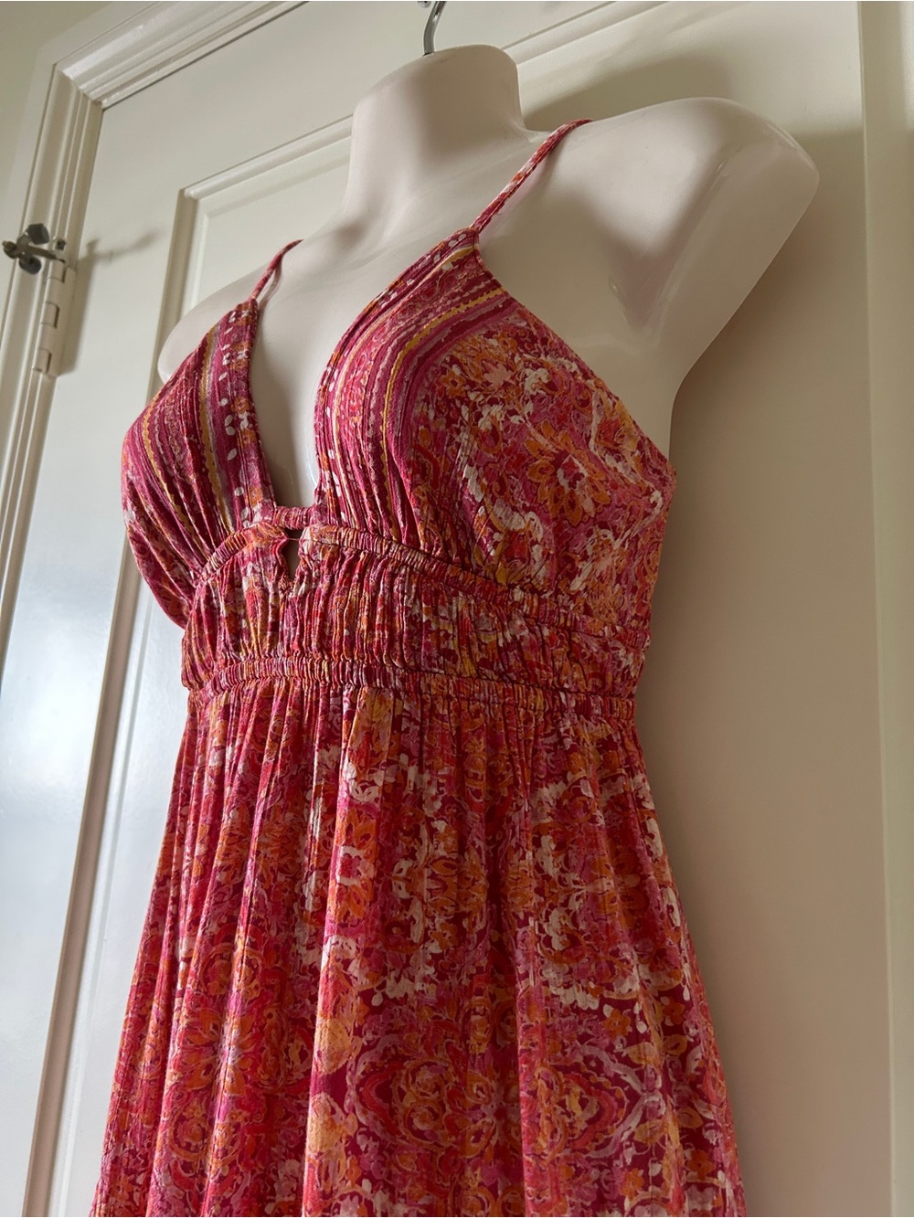 ANGIE Pink, Orange And Cream Tiered Maxi Dress With Tie-Back, Size M, EUC - Picture 3 of 7